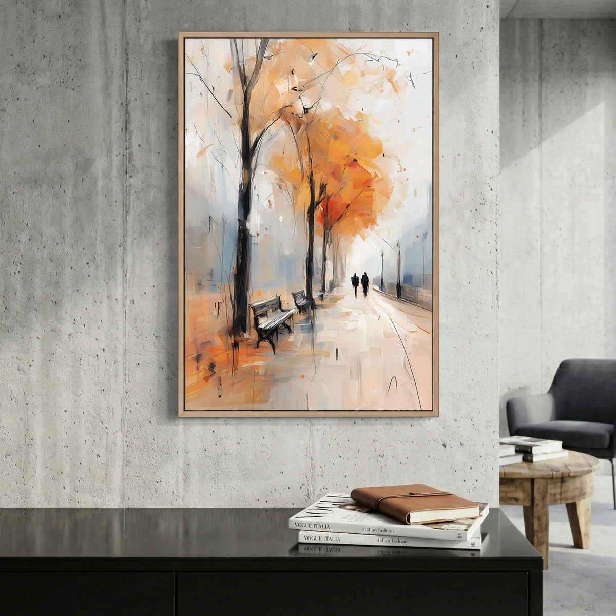 Autumn Park Bench Walk Painting canvas wall art print displayed in a styled living room
