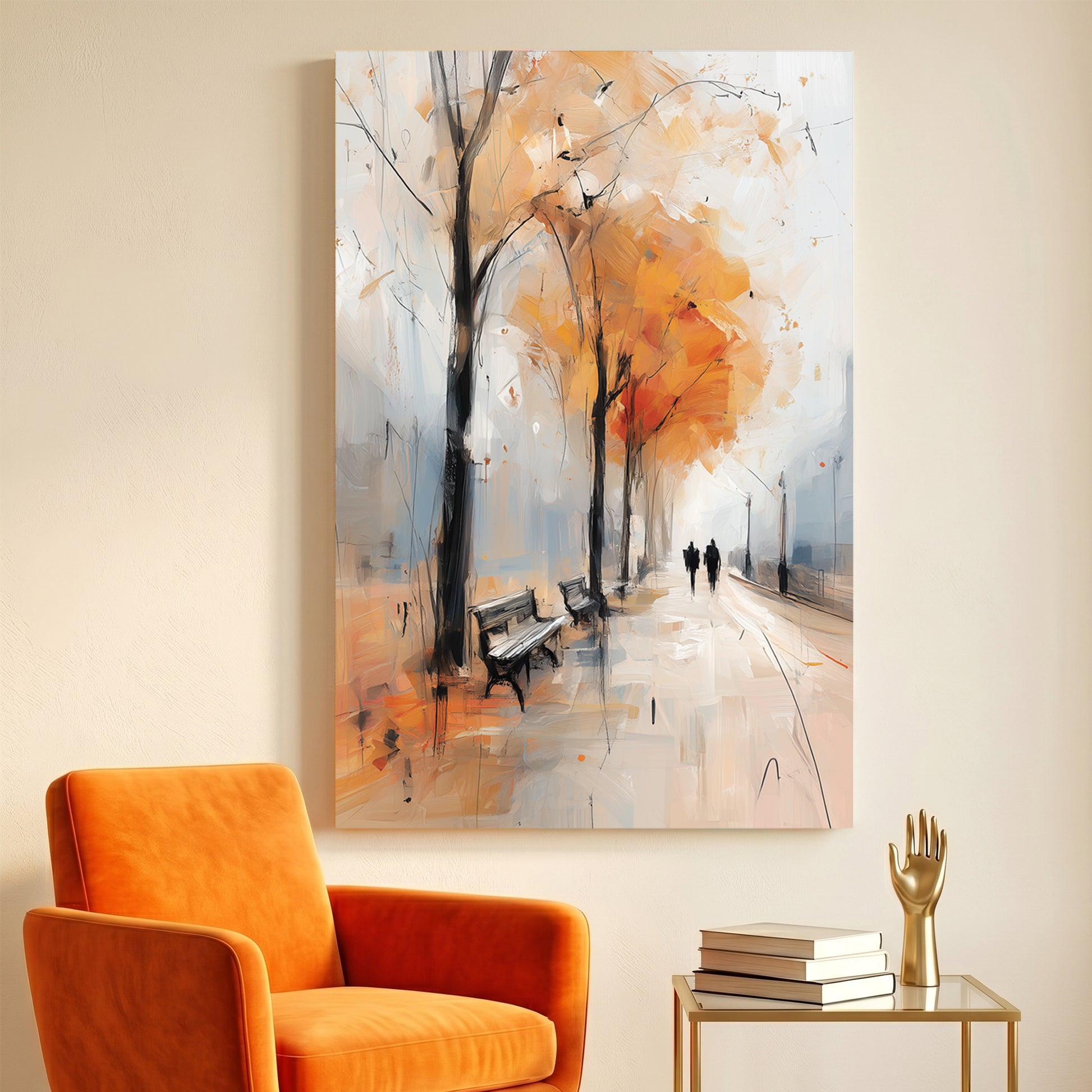 Autumn Park Bench Walk Painting canvas wall art print displayed in a styled living room