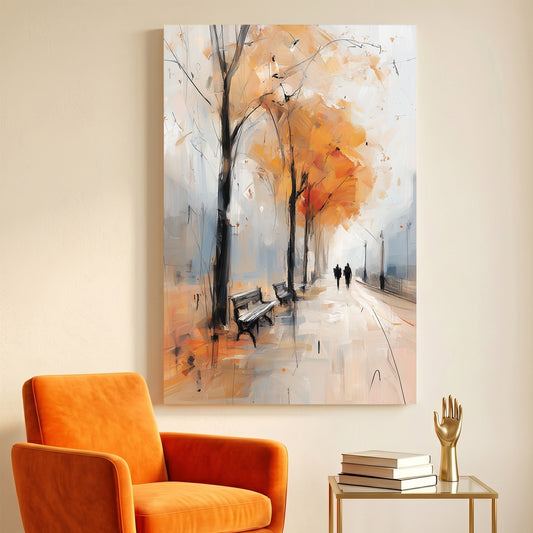 Autumn Park Bench Walk Painting canvas wall art print displayed in a styled living room