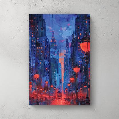 Night city street with red lanterns, blue skyscrapers, wet pavement, painterly, atmospheric — canvas wall art print