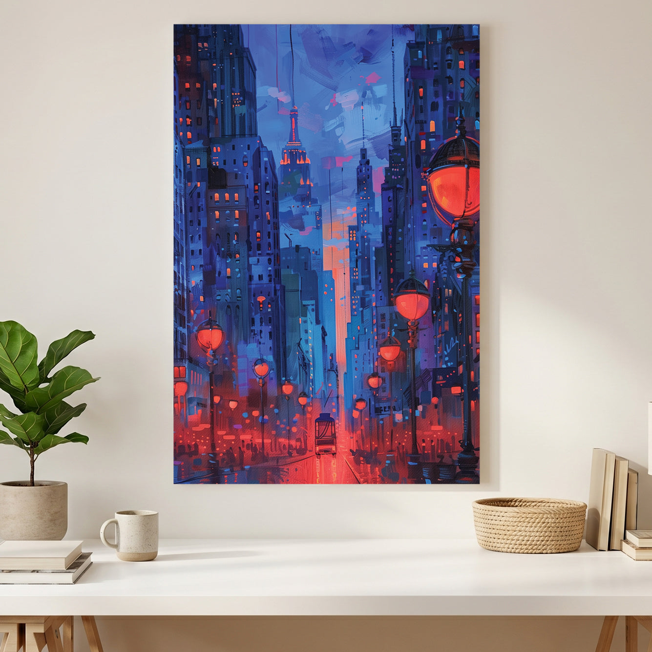Red Lantern City Street Night Painting canvas wall art print styled in a modern interior