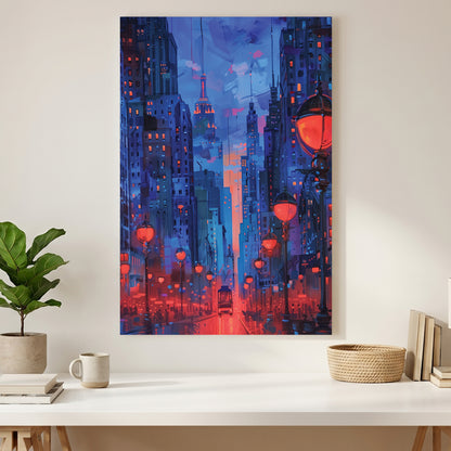 Red Lantern City Street Night Painting canvas wall art print styled in a modern interior