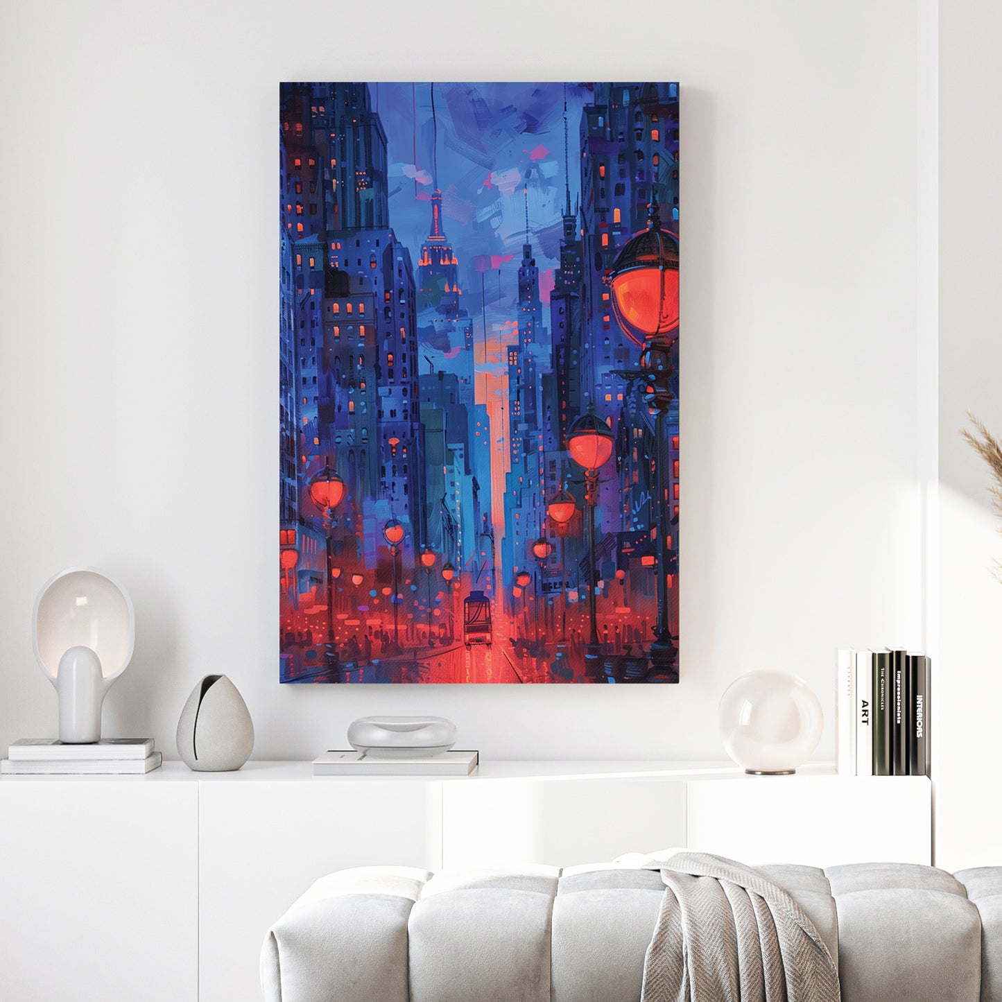 Red Lantern City Street Night Painting canvas wall art print above a sofa in a contemporary living room