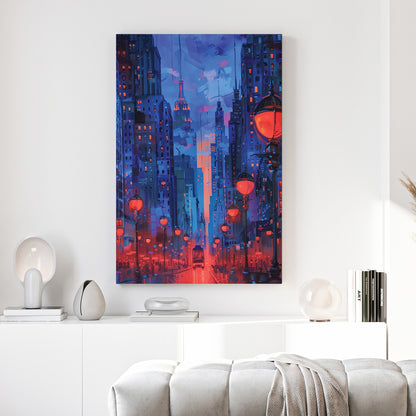 Red Lantern City Street Night Painting canvas wall art print above a sofa in a contemporary living room