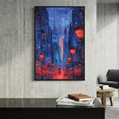 Red Lantern City Street Night Painting framed canvas wall art print in a gallery-style display