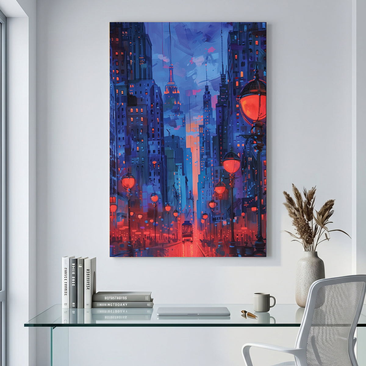 Red Lantern City Street Night Painting canvas wall art print displayed in a styled living room