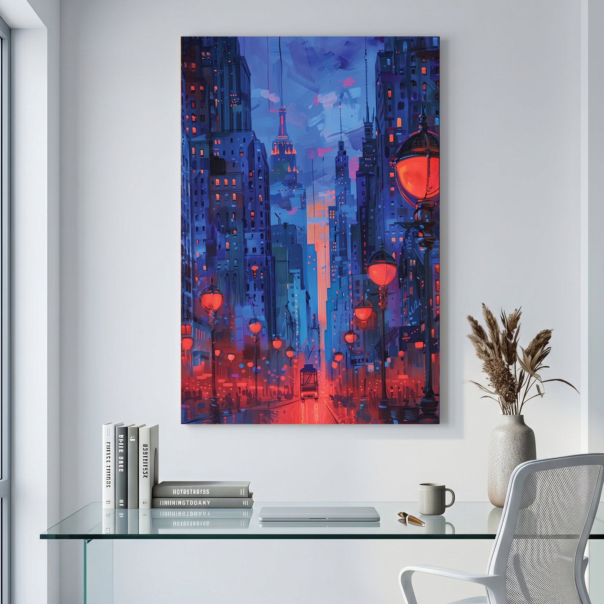 Red Lantern City Street Night Painting canvas wall art print displayed in a styled living room