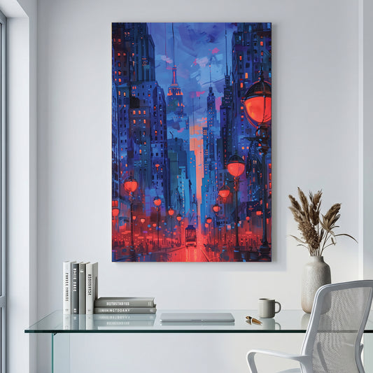 Red Lantern City Street Night Painting canvas wall art print displayed in a styled living room