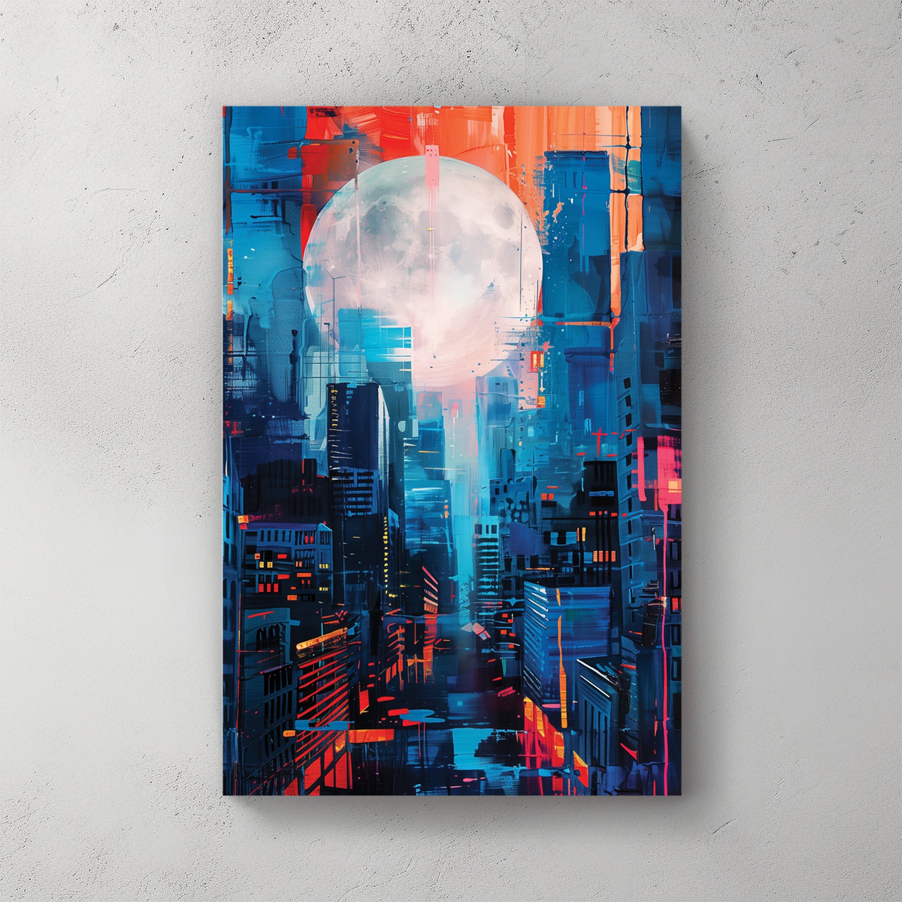 Full moon over stylized city skyline, red orange and blue palette, skyscrapers, painterly cyberpunk feel — canvas wall art print