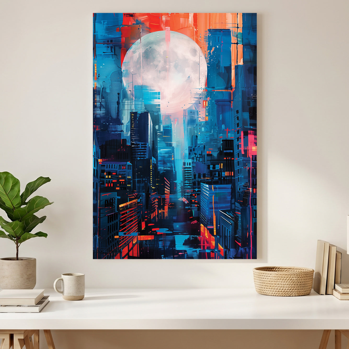 Full Moon City Skyline canvas wall art print styled in a modern interior