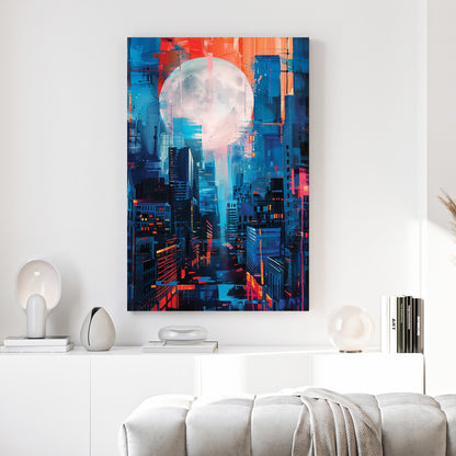 Full Moon City Skyline canvas wall art print above a sofa in a contemporary living room