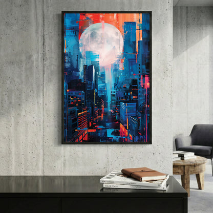 Full Moon City Skyline framed canvas wall art print in a gallery-style display