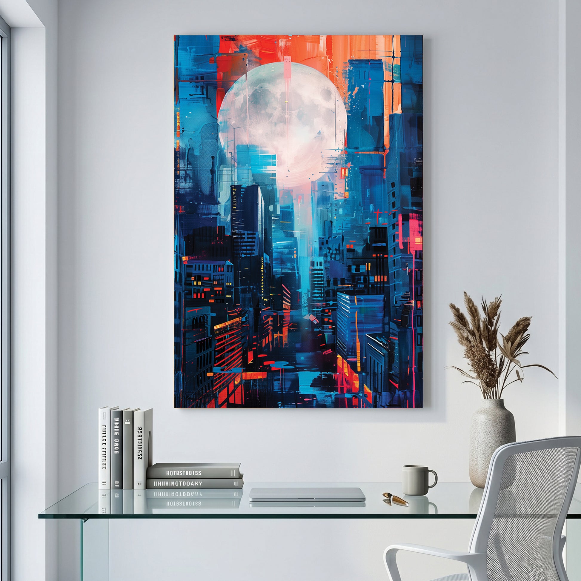 Full Moon City Skyline canvas wall art print displayed in a styled living room