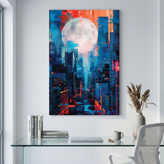 Full Moon City Skyline canvas wall art print displayed in a styled living room