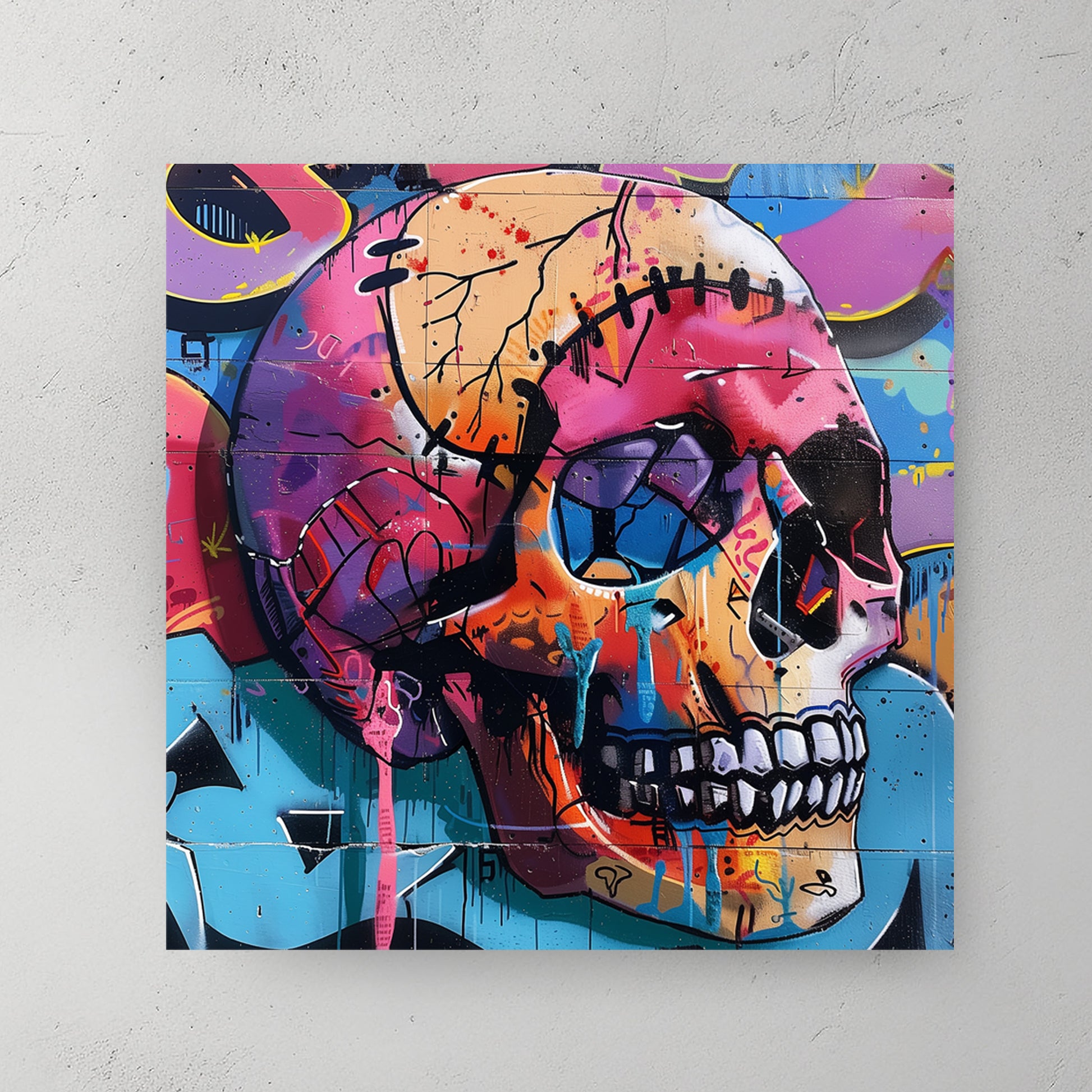 Pop art skull with graffiti style, pink blue orange yellow palette, expressive paint drips, street art aesthetic — canvas wall art print