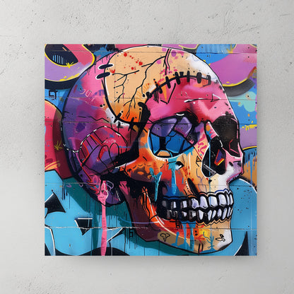 Pop art skull with graffiti style, pink blue orange yellow palette, expressive paint drips, street art aesthetic — canvas wall art print