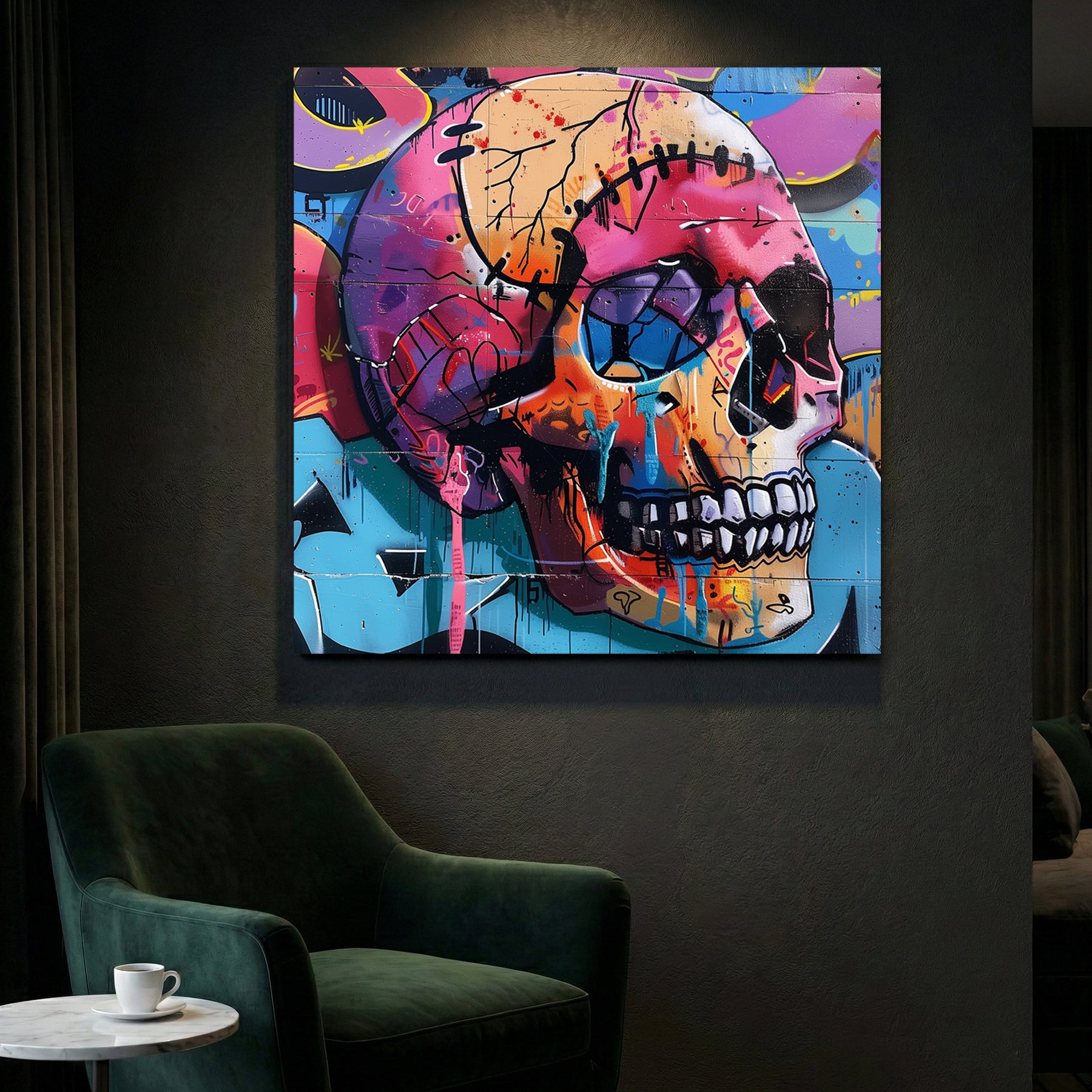Graffiti Skull Pop Art canvas wall art print styled in a modern interior