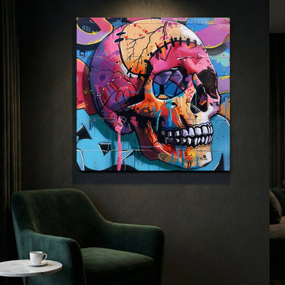 Graffiti Skull Pop Art canvas wall art print styled in a modern interior