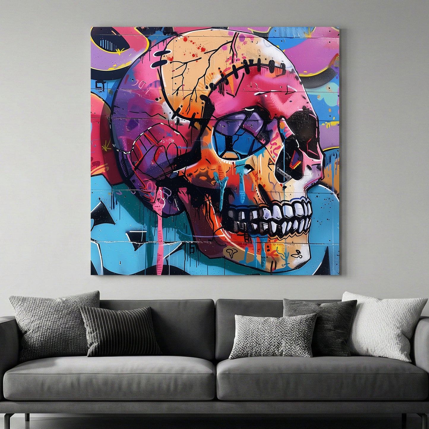 Graffiti Skull Pop Art canvas wall art print above a sofa in a contemporary living room