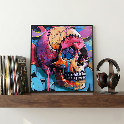 Graffiti Skull Pop Art framed canvas wall art print in a gallery-style display