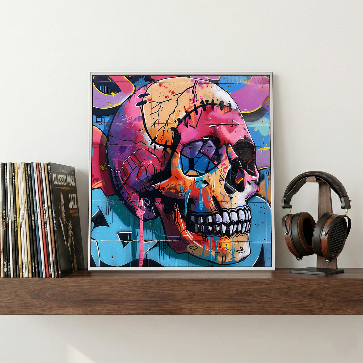Graffiti Skull Pop Art canvas wall art print displayed in a styled living room