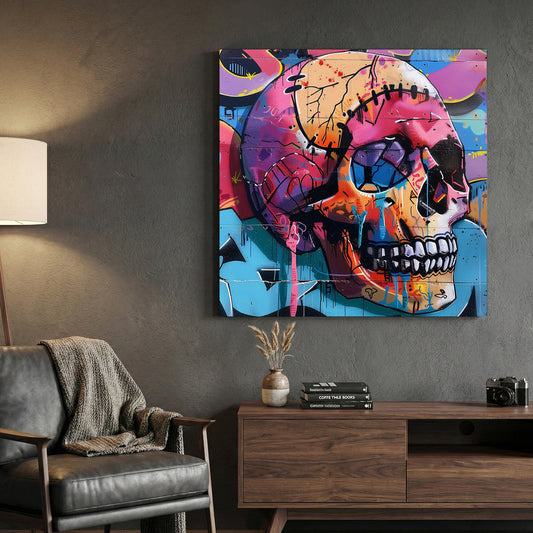 Graffiti Skull Pop Art canvas wall art print displayed in a styled living room