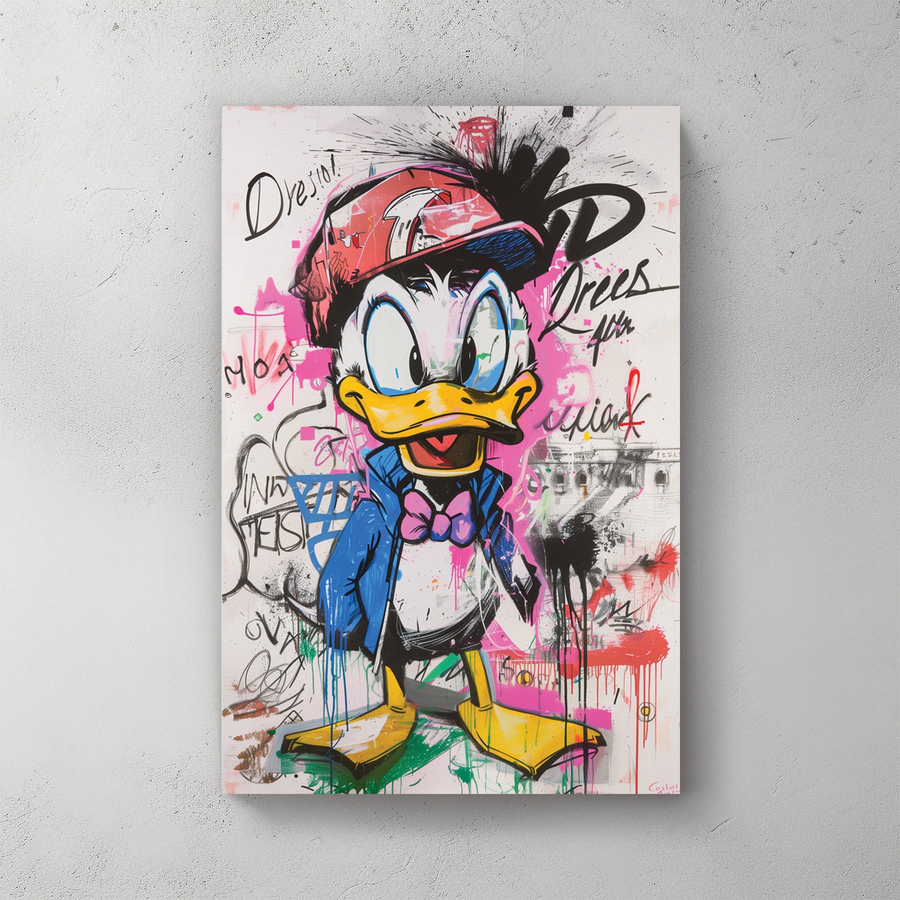 Donald Duck with graffiti tags, blue jacket and red cap, hot pink splatter, scribbled text Trees Dream — canvas wall art print