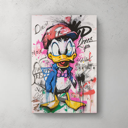 Donald Duck with graffiti tags, blue jacket and red cap, hot pink splatter, scribbled text Trees Dream — canvas wall art print