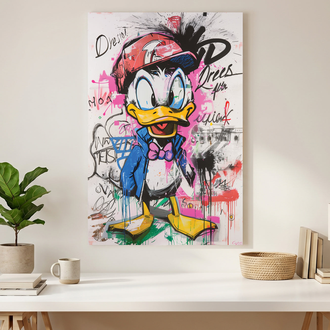 Donald Duck Graffiti Pop Art canvas wall art print styled in a modern interior