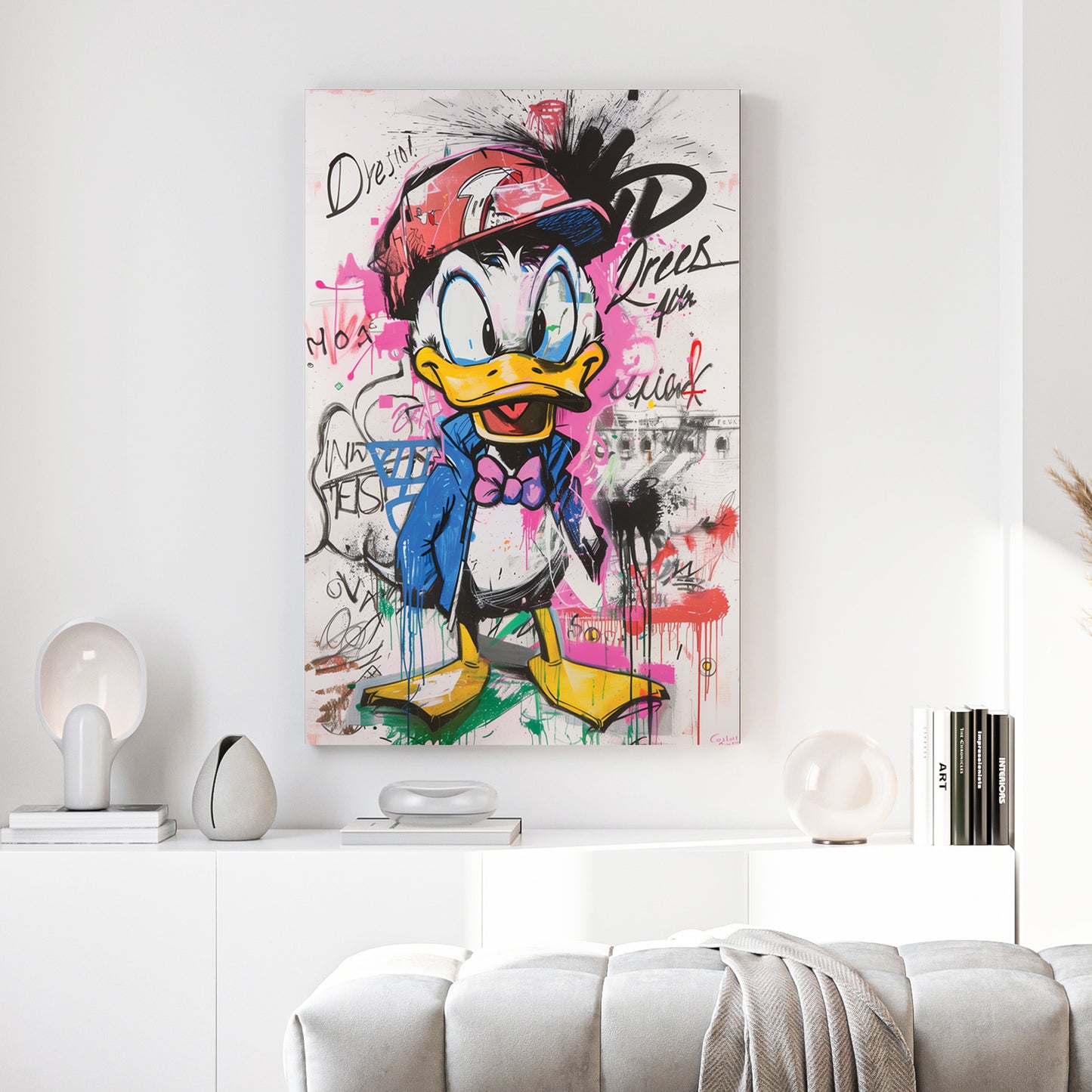 Donald Duck Graffiti Pop Art canvas wall art print above a sofa in a contemporary living room