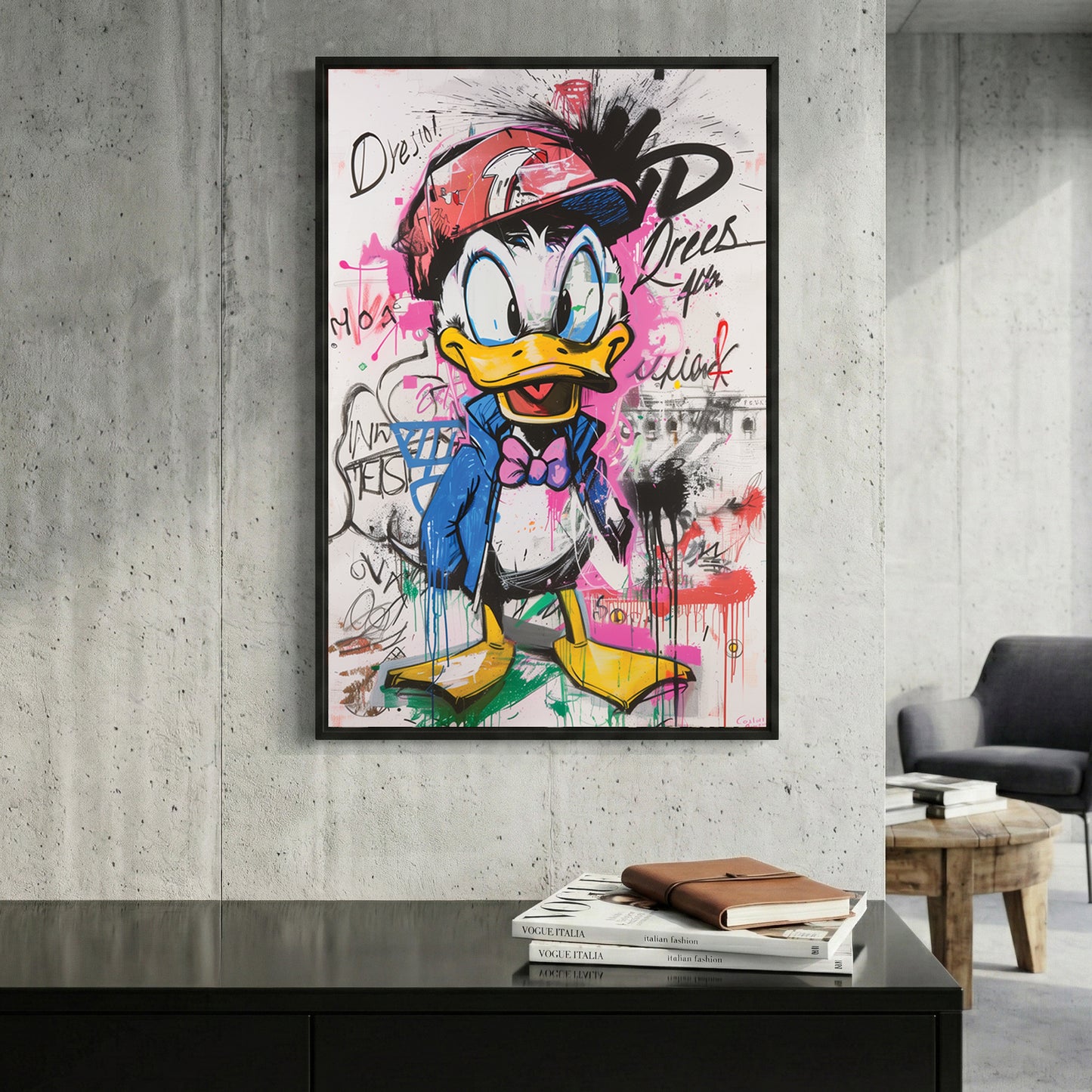 Donald Duck Graffiti Pop Art framed canvas wall art print in a gallery-style display