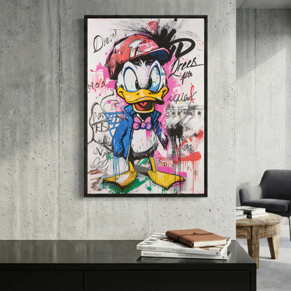 Donald Duck Graffiti Pop Art framed canvas wall art print in a gallery-style display