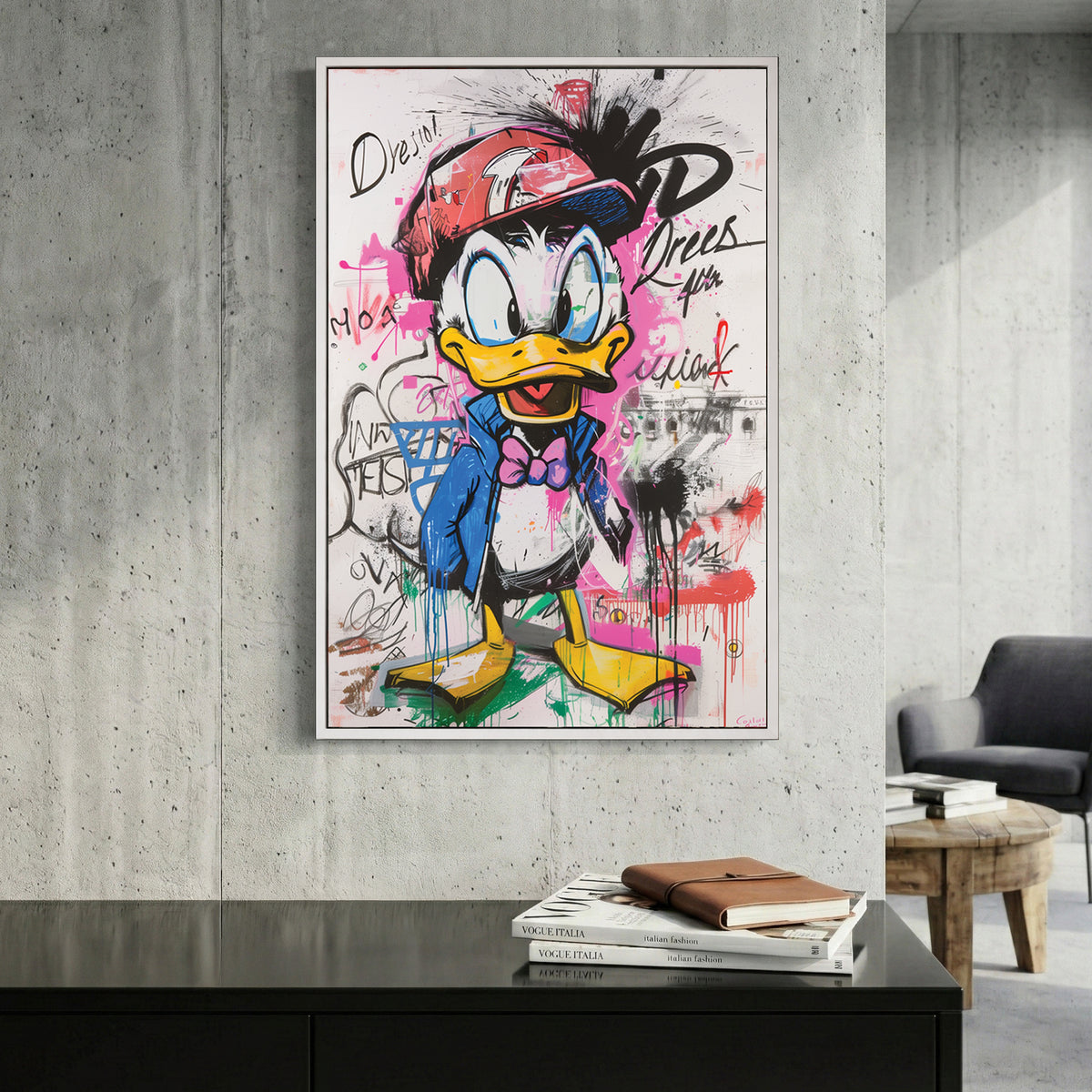 Donald Duck Graffiti Pop Art canvas wall art print displayed in a styled living room