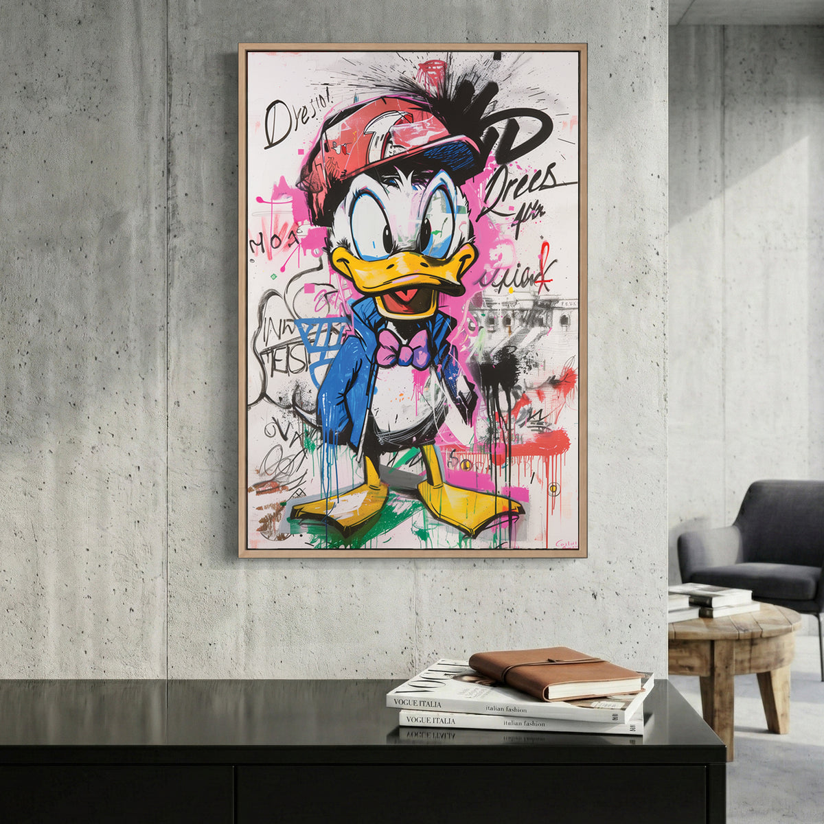 Donald Duck Graffiti Pop Art canvas wall art print displayed in a styled living room