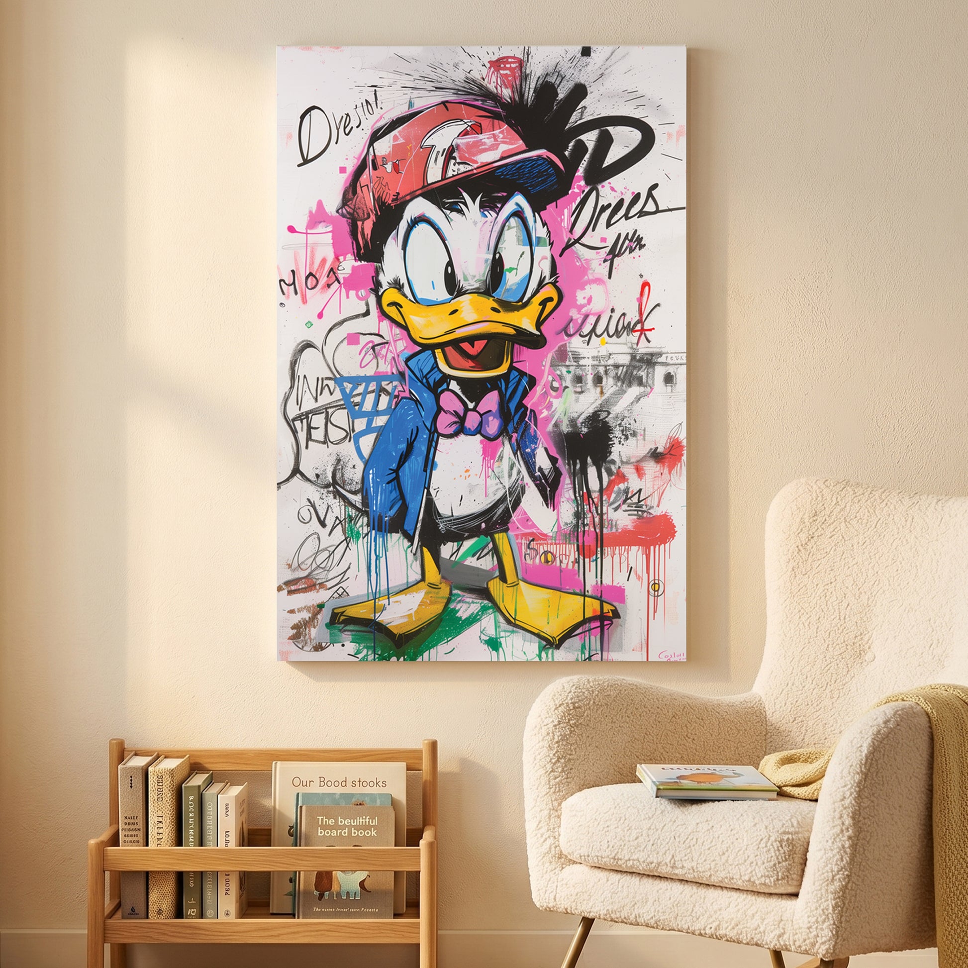 Donald Duck Graffiti Pop Art canvas wall art print displayed in a styled living room
