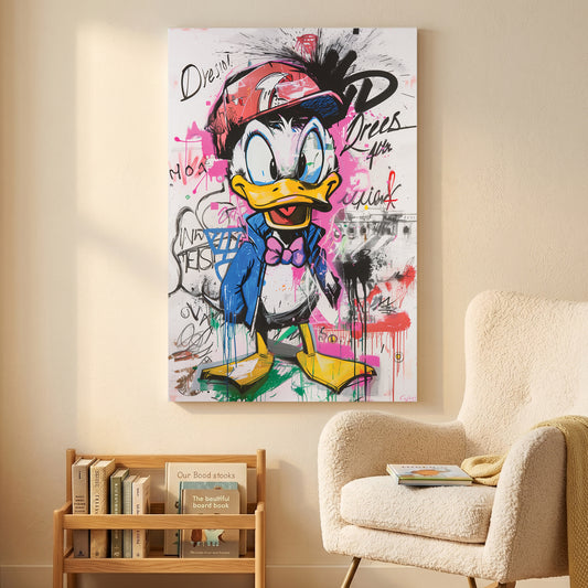 Donald Duck Graffiti Pop Art canvas wall art print displayed in a styled living room