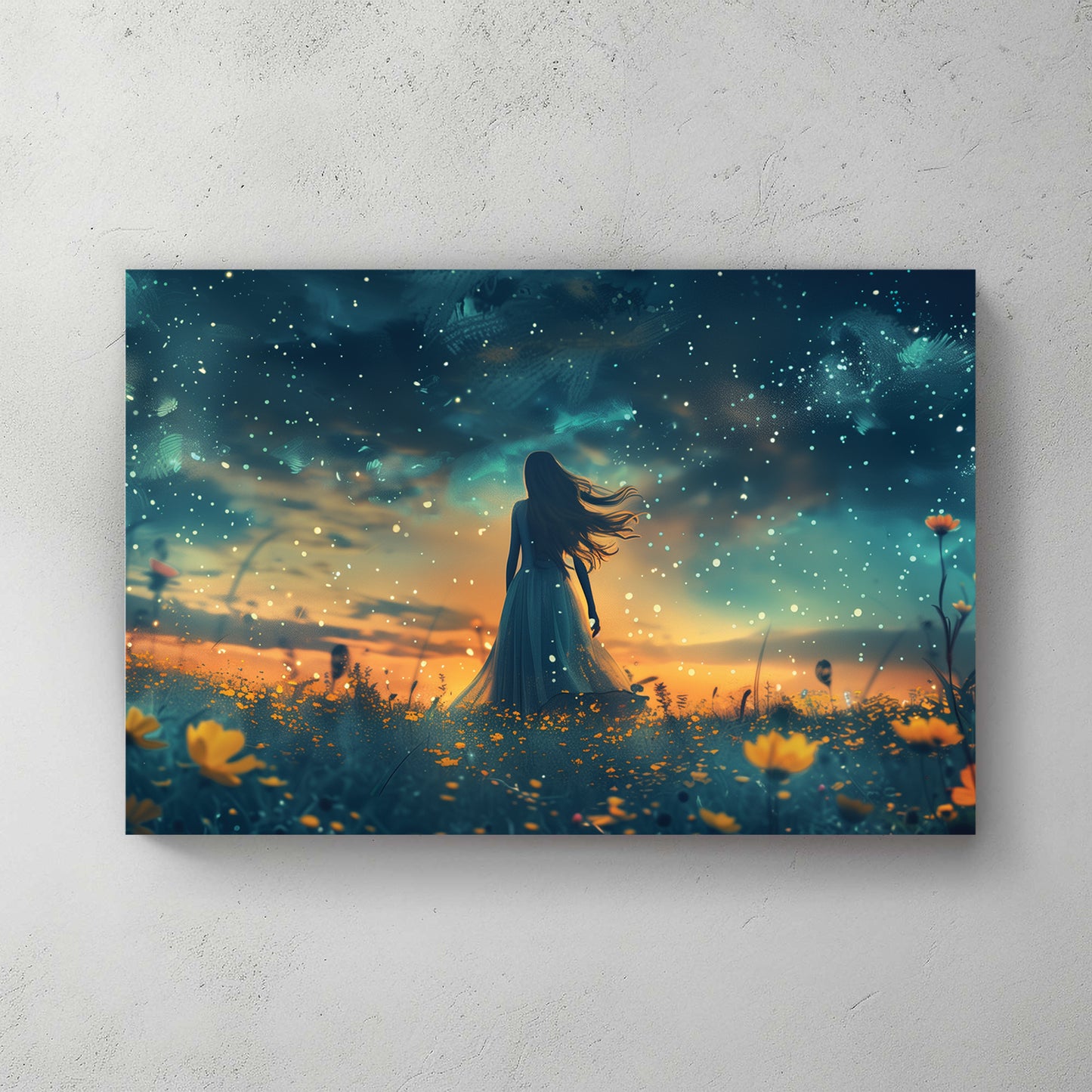 Starry night with woman in long dress standing in wildflower field, yellow flowers, deep blue starry sky, dreamy fantasy — canvas wall art print