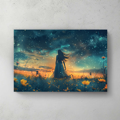 Starry night with woman in long dress standing in wildflower field, yellow flowers, deep blue starry sky, dreamy fantasy — canvas wall art print