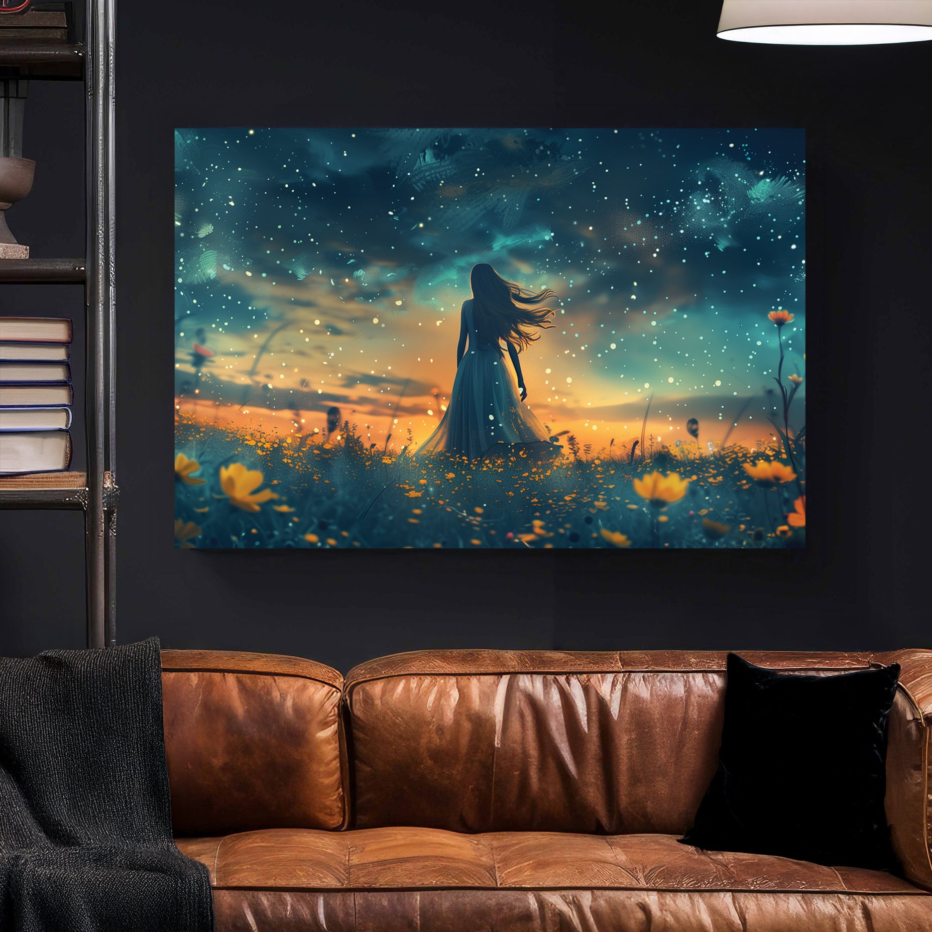 Starry Night Wildflower Field canvas wall art print styled in a modern interior