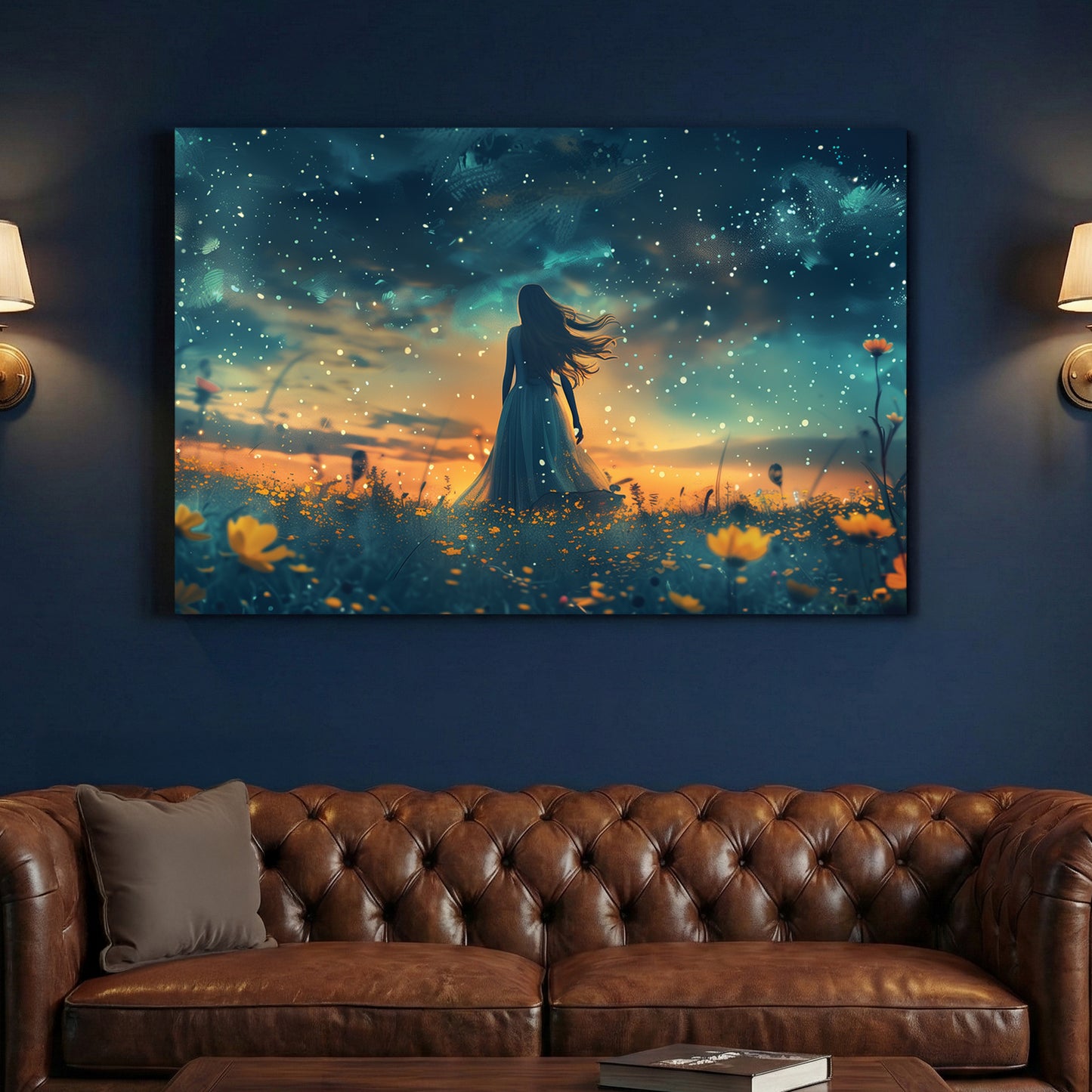 Starry Night Wildflower Field canvas wall art print above a sofa in a contemporary living room