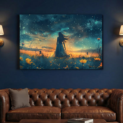Starry Night Wildflower Field canvas wall art print above a sofa in a contemporary living room