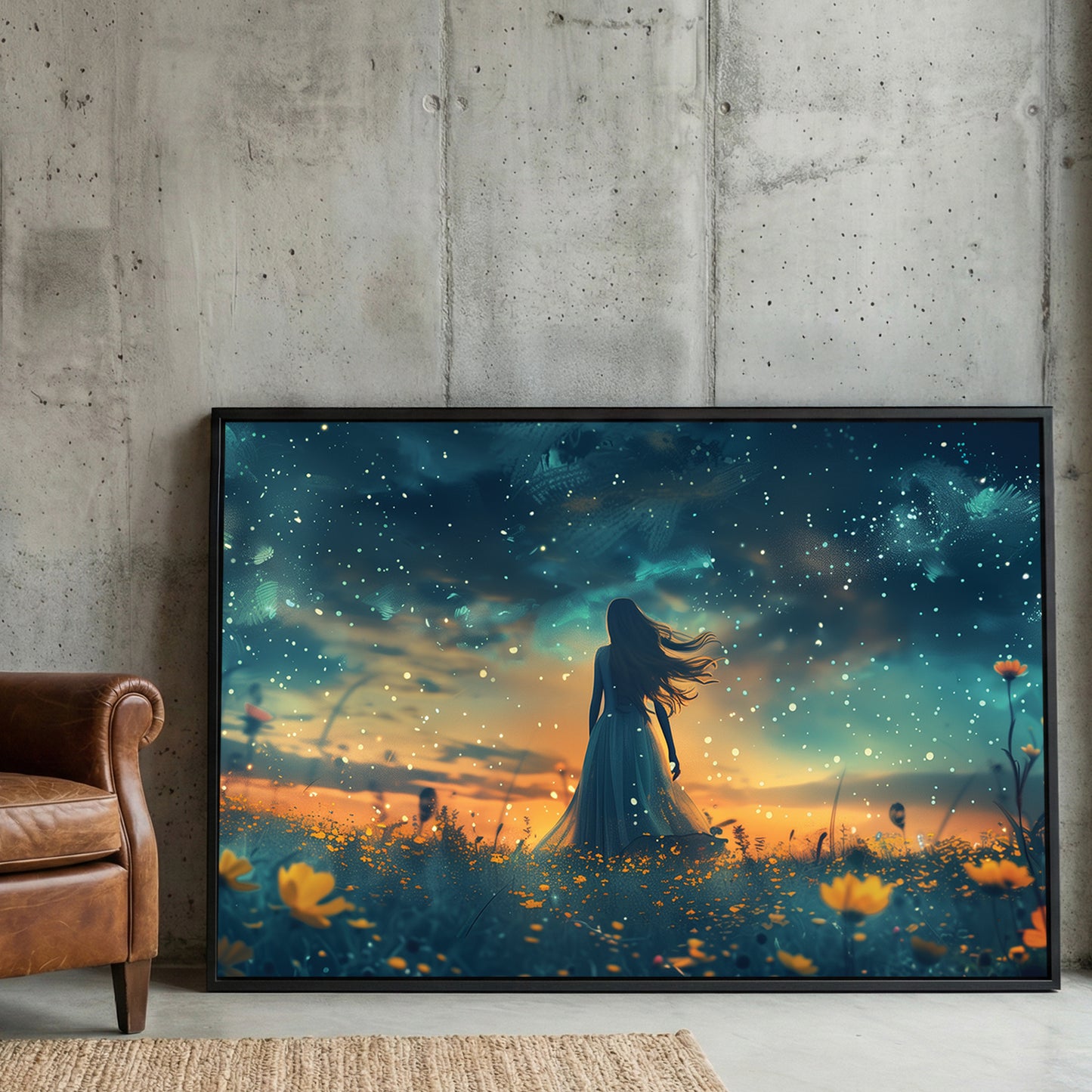 Starry Night Wildflower Field framed canvas wall art print in a gallery-style display