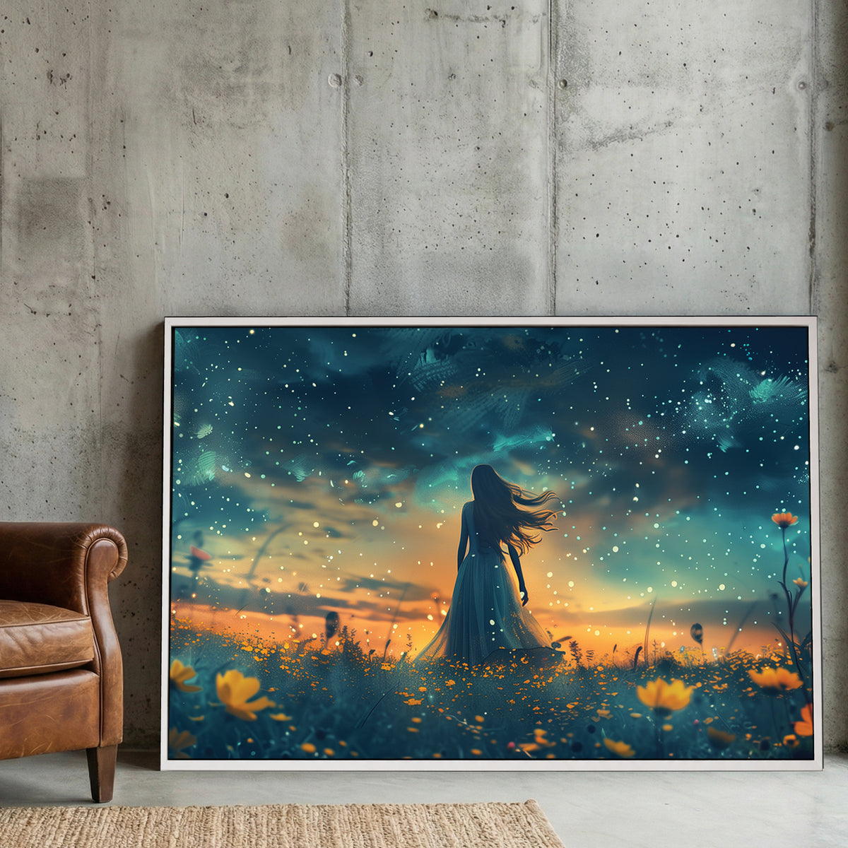 Starry Night Wildflower Field canvas wall art print displayed in a styled living room