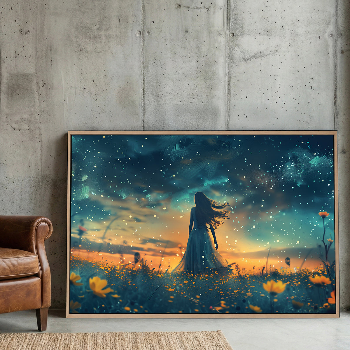 Starry Night Wildflower Field canvas wall art print displayed in a styled living room