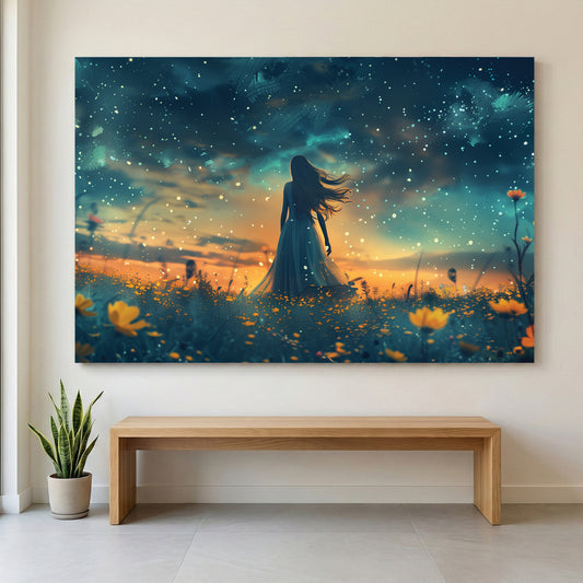 Starry Night Wildflower Field canvas wall art print displayed in a styled living room