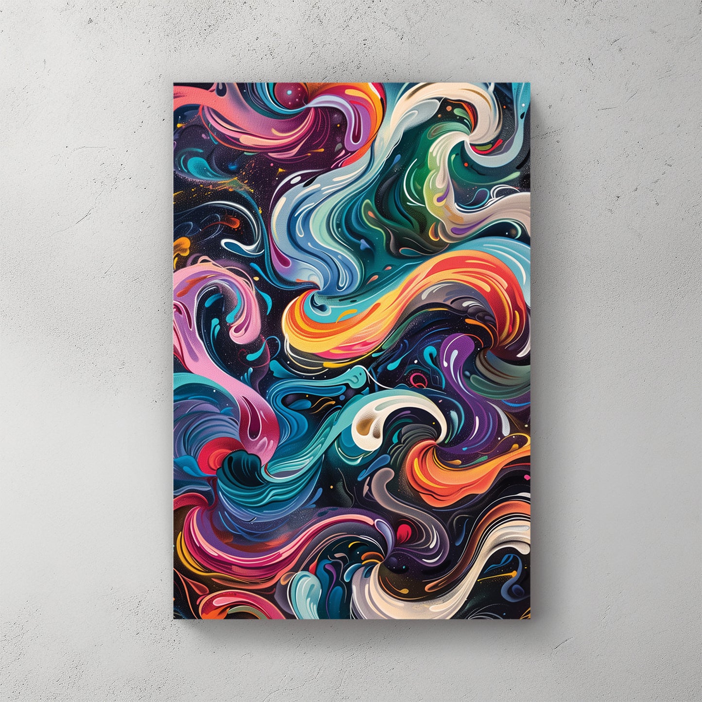 Multicoloured swirling abstract, pink, teal, orange, navy, marbled paint — canvas wall art print