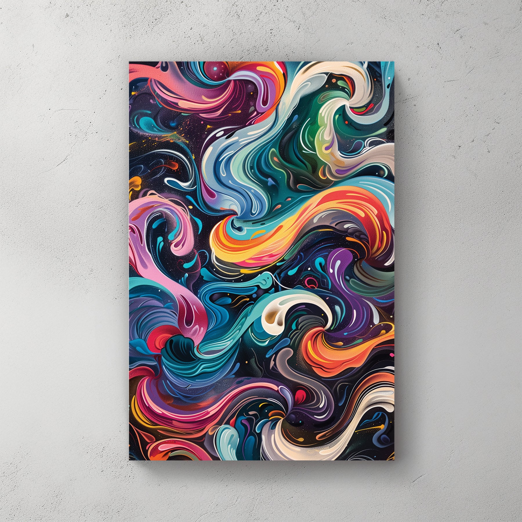 Multicoloured swirling abstract, pink, teal, orange, navy, marbled paint — canvas wall art print