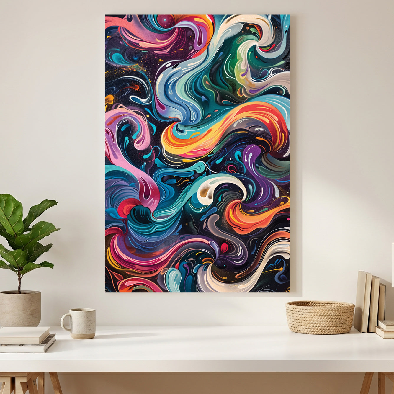 Colourful Swirl Abstract canvas wall art print styled in a modern interior