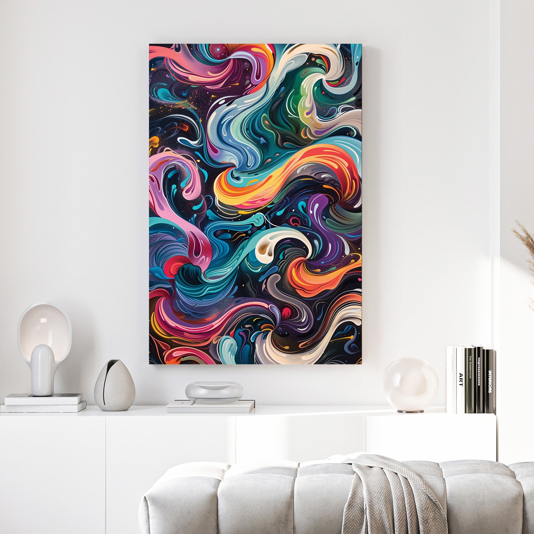 Colourful Swirl Abstract canvas wall art print above a sofa in a contemporary living room