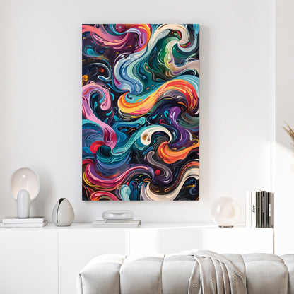 Colourful Swirl Abstract canvas wall art print above a sofa in a contemporary living room